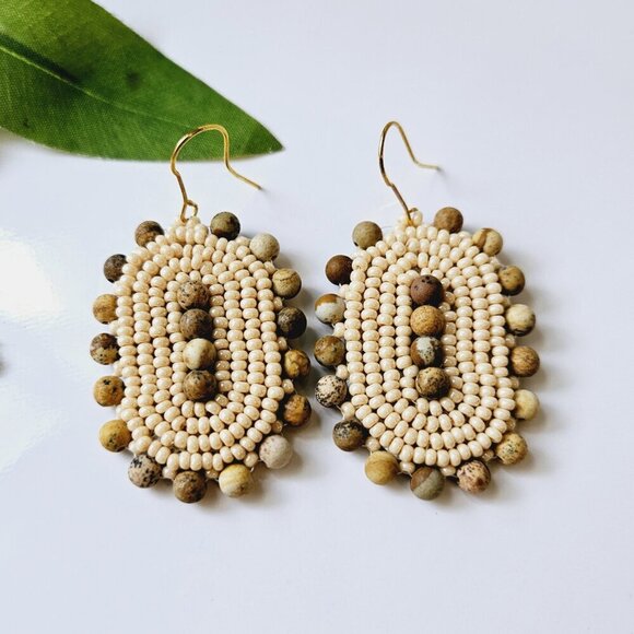 Beaded Tan Bohemian Shield Hoop Earrings | Handmade Indigenous Earrings - Picture 4 of 6